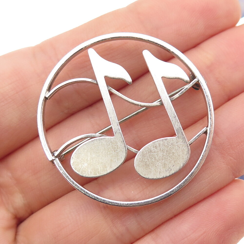 BEAU 925 Sterling Silver Vintage Music Notes Oxidized Pin Brooch
